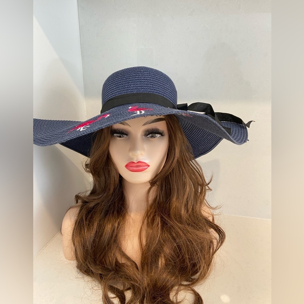 Wide-Brim Navy Floppy Sun Hat with Ribbon and Embroidery